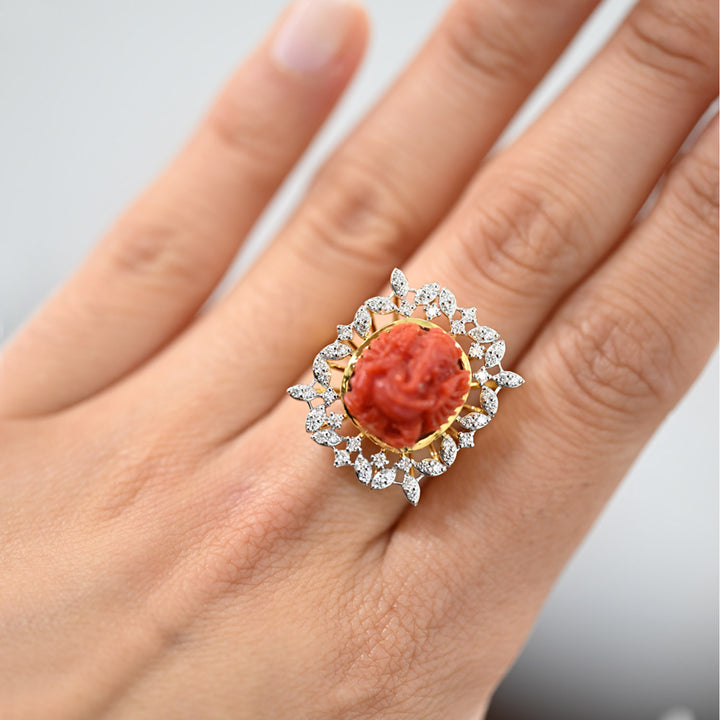 14K YG Cluster Diamond with Coral Ring- 1pc