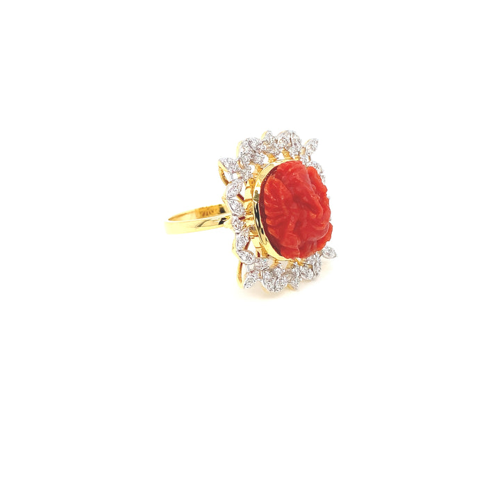 14K YG Cluster Diamond with Coral Ring- 1pc
