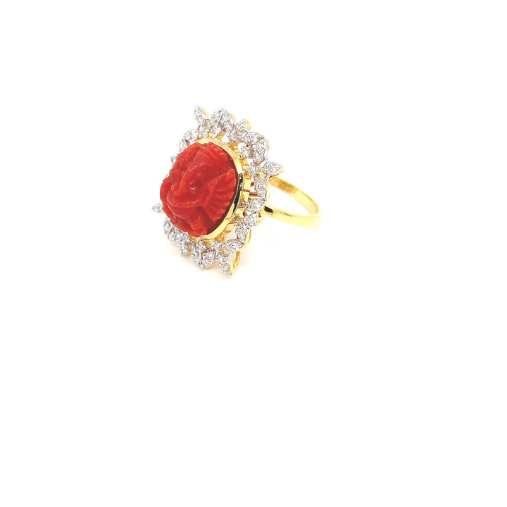 14K YG Cluster Diamond with Coral Ring- 1pc