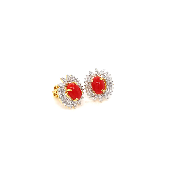 14K YG Cluster Diamond with Coral Earring- 1pair