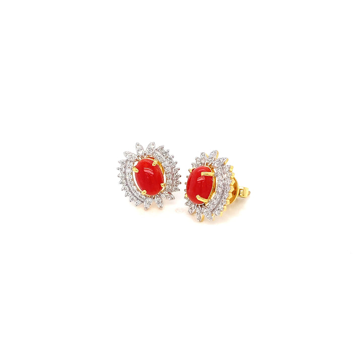 14K YG Cluster Diamond with Coral Earring- 1pair