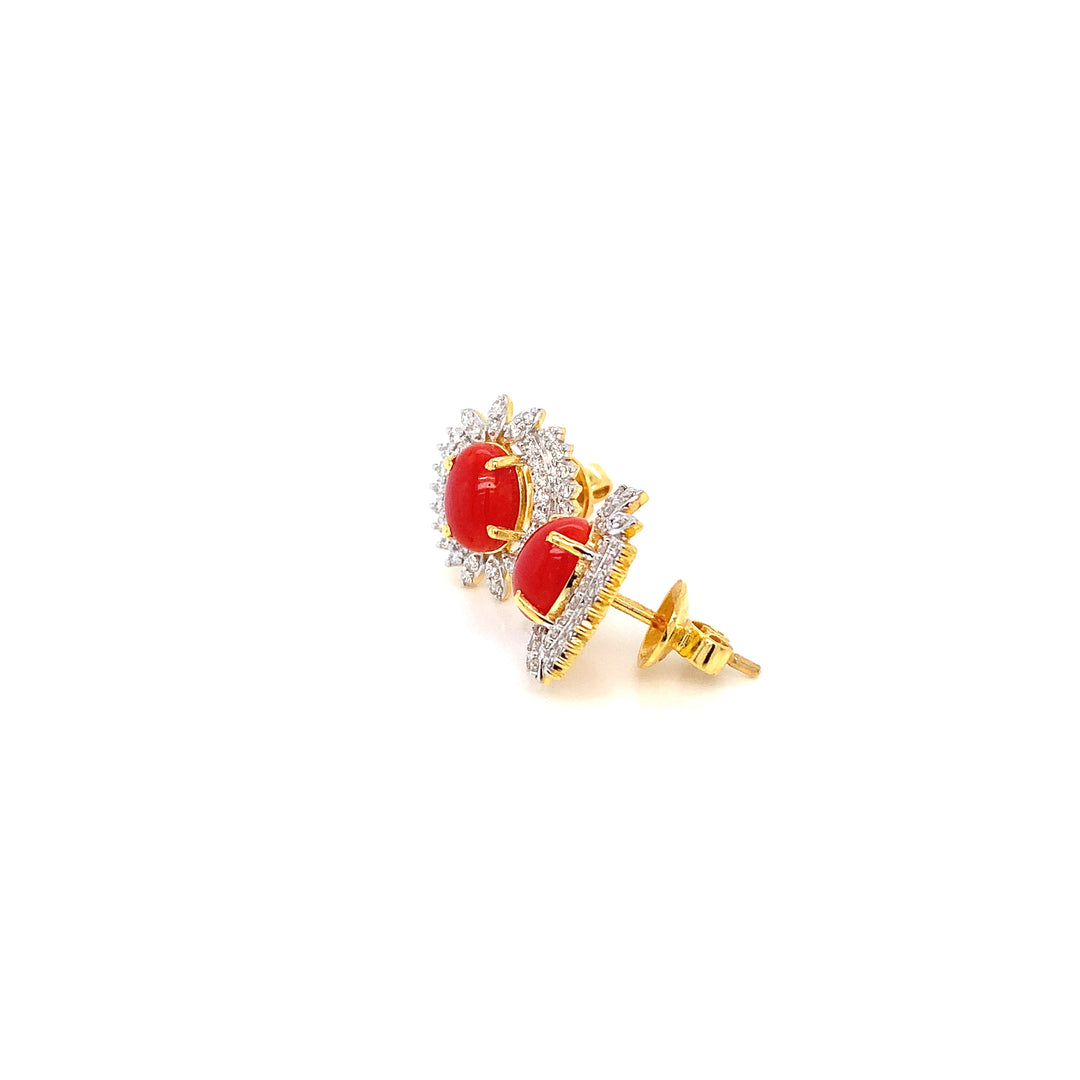 14K YG Cluster Diamond with Coral Earring- 1pair