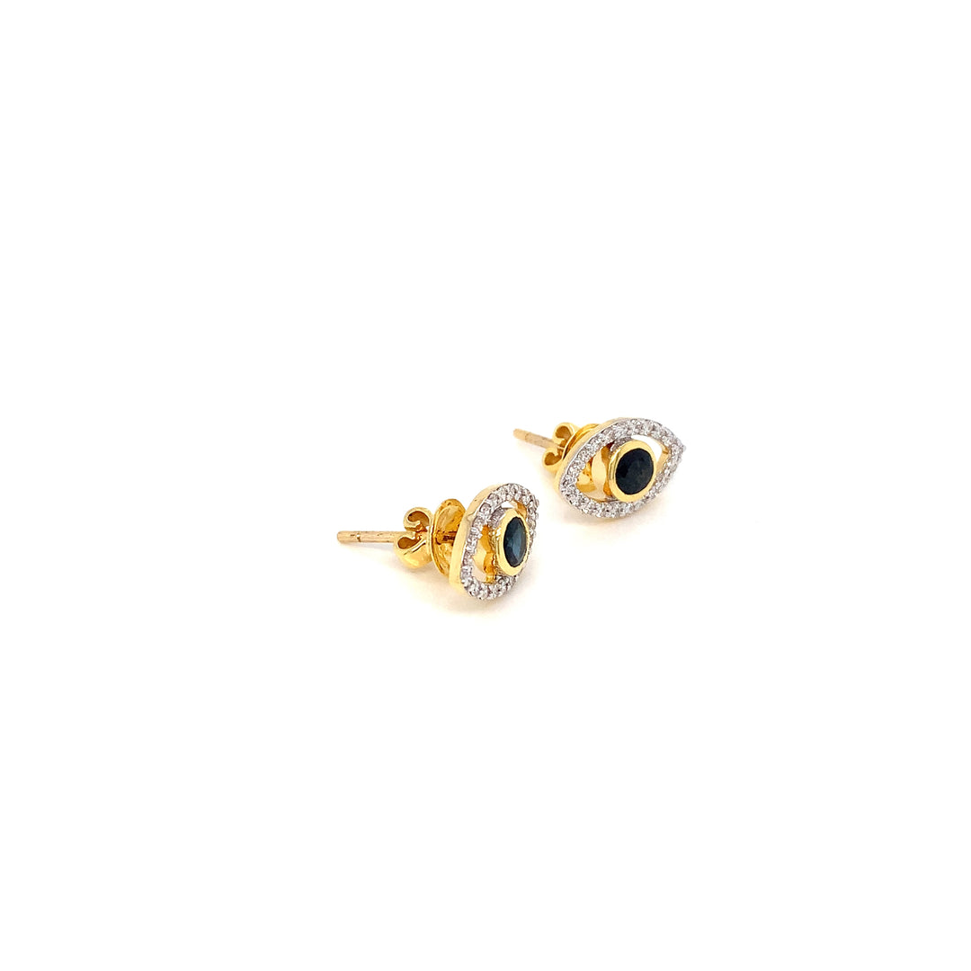 14K YG Cluster Diamond with Sapphire Earring- 1pair