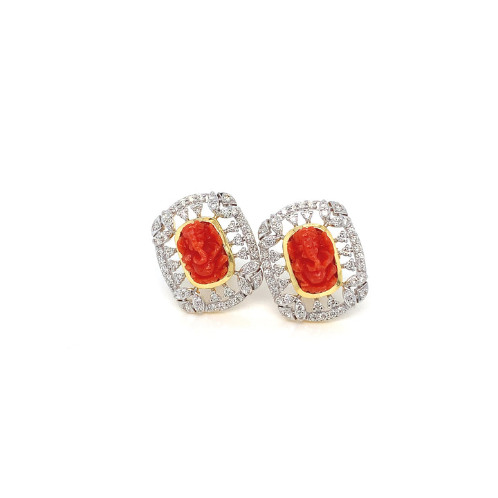14K YG Cluster Diamond with Coral Earring- 1pair