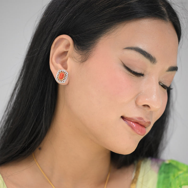 14K YG Cluster Diamond with Coral Earring- 1pair
