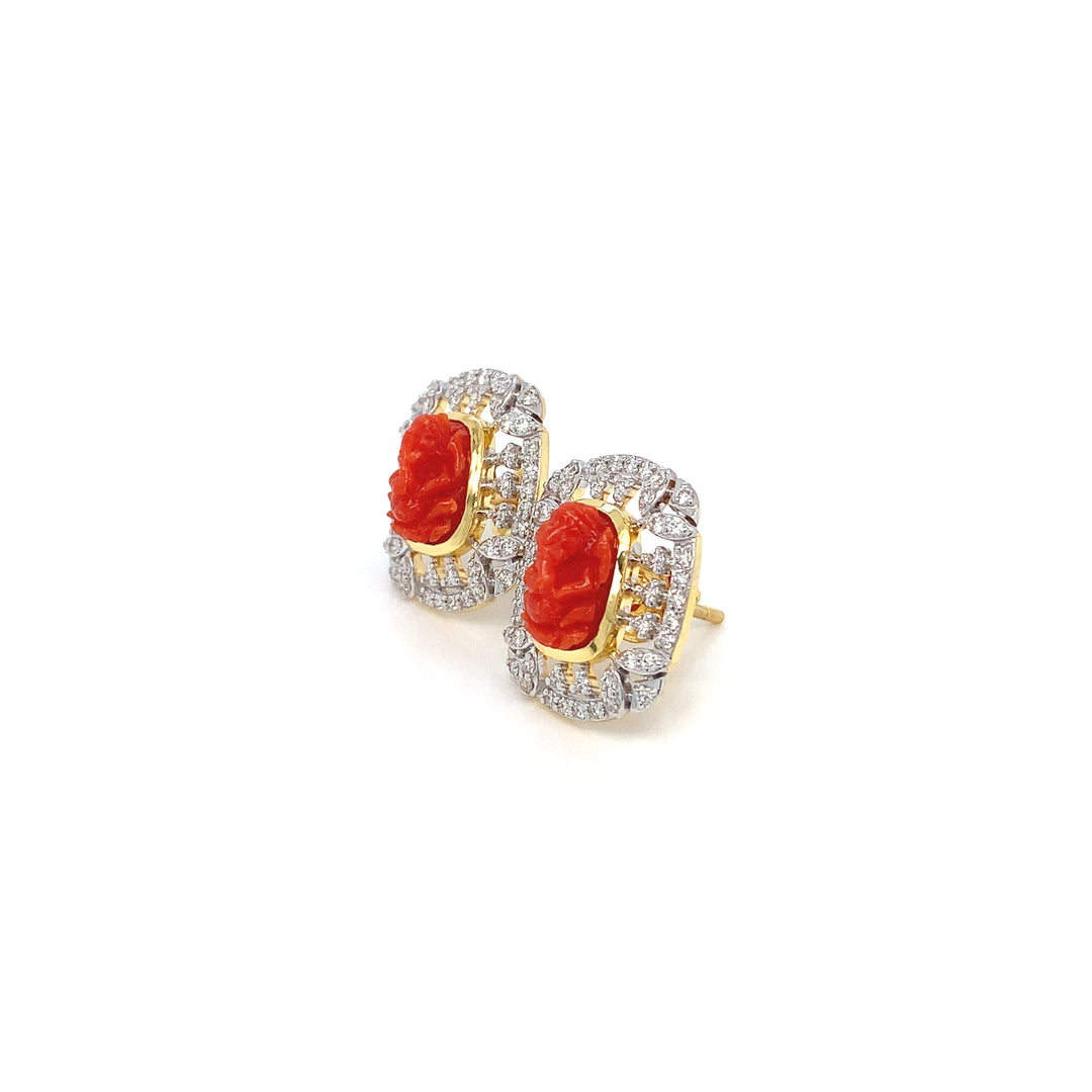 14K YG Cluster Diamond with Coral Earring- 1pair
