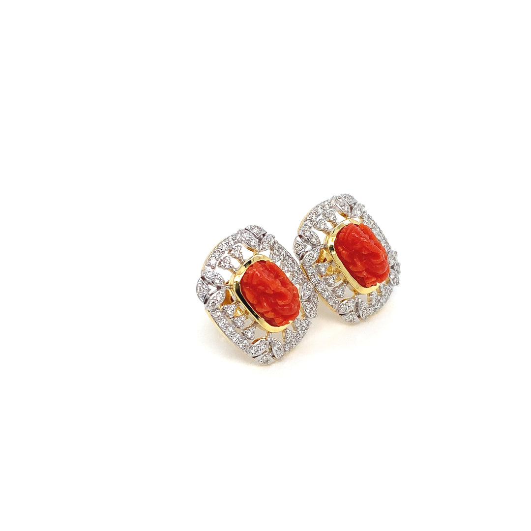 14K YG Cluster Diamond with Coral Earring- 1pair