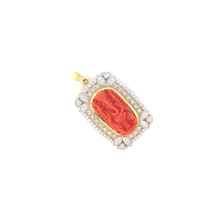 14K YG Cluster Diamond with Coral Pendant-1pc