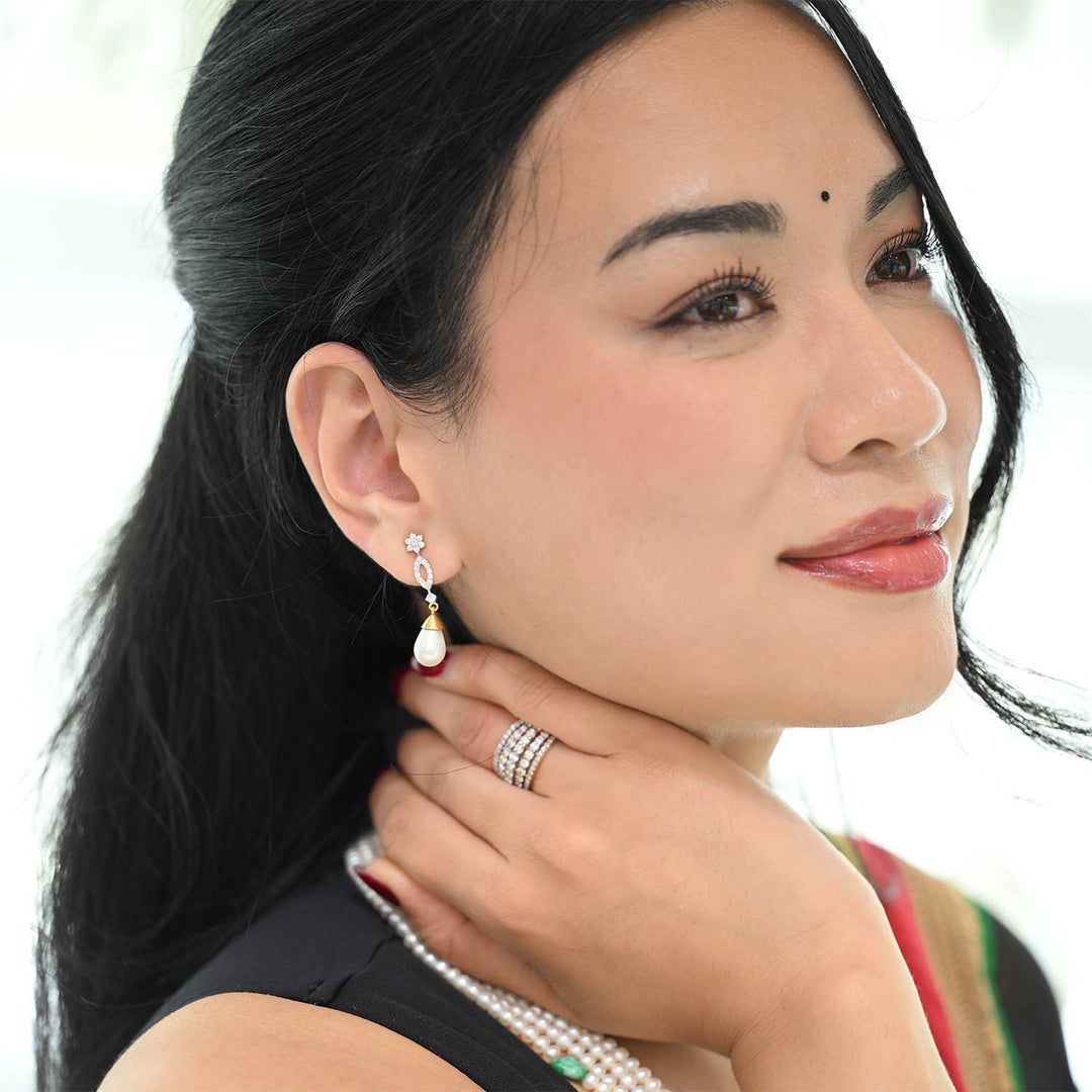 14K YG Long Diamond with FWP Earring- 1pair