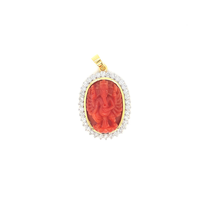 18K YG Cluster Diamond with Coral Pendant-1pc