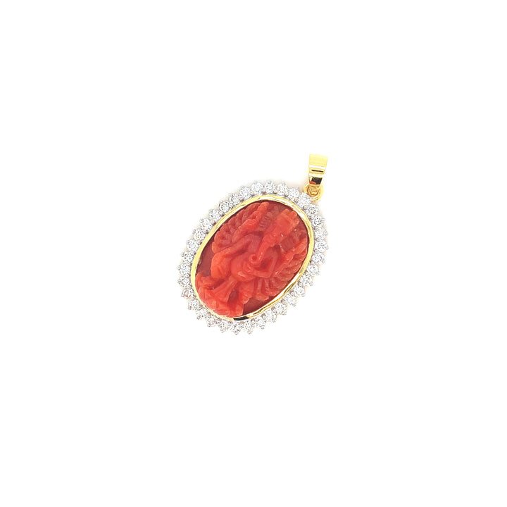 18K YG Cluster Diamond with Coral Pendant-1pc