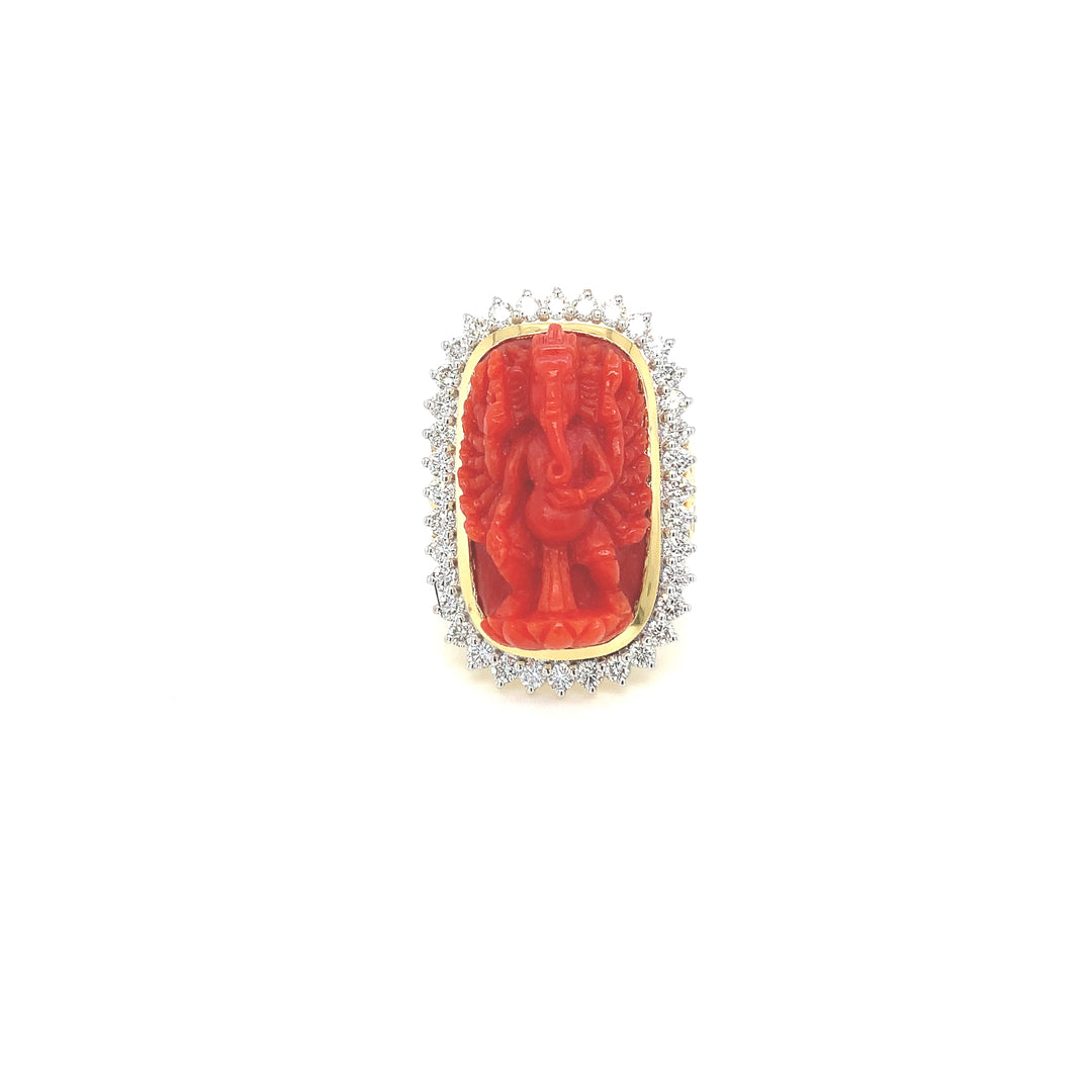 18K YG Cluster Diamond with Coral Ring-1pc