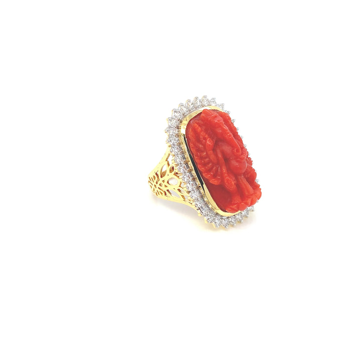 18K YG Cluster Diamond with Coral Ring-1pc