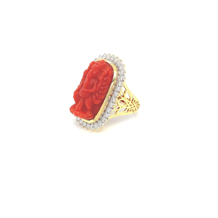 18K YG Cluster Diamond with Coral Ring-1pc