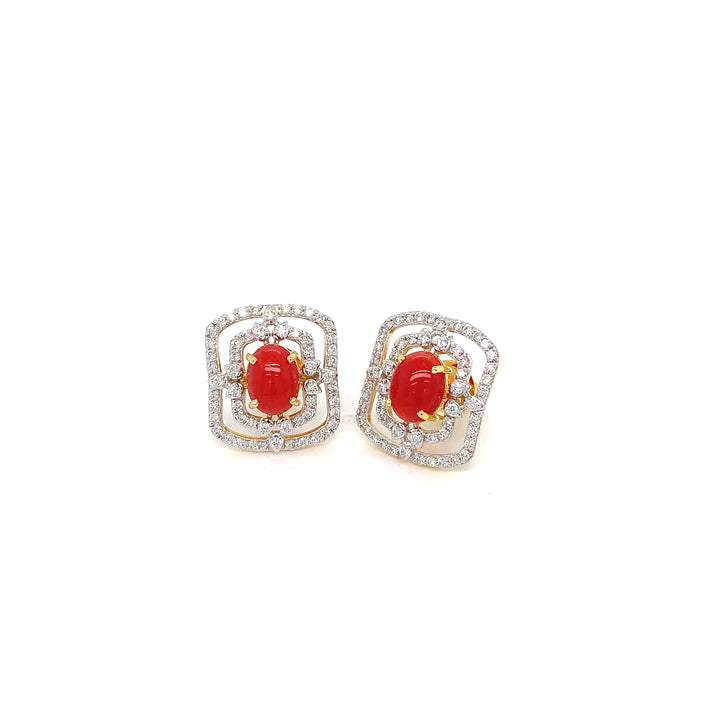14K YG Cluster Diamond with Coral Earring- 1pair