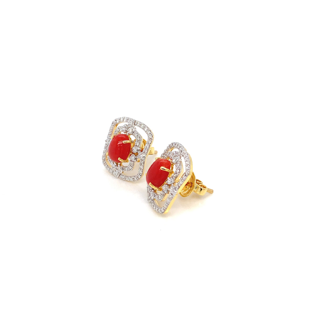 14K YG Cluster Diamond with Coral Earring- 1pair