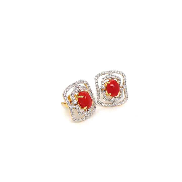 14K YG Cluster Diamond with Coral Earring- 1pair