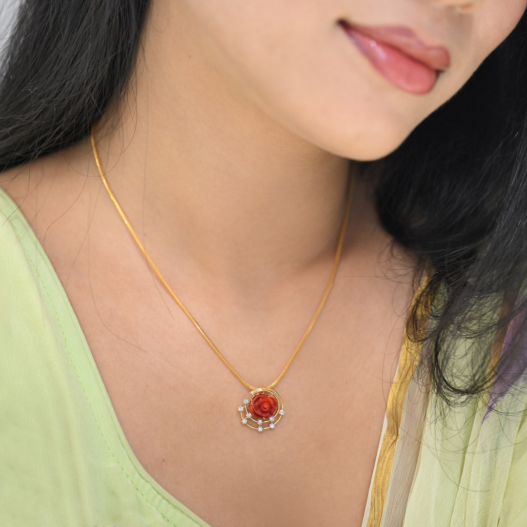 14K YG Cluster Diamond with Coral Pendant-1pc