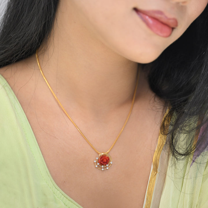 14K YG Cluster Diamond with Coral Pendant-1pc