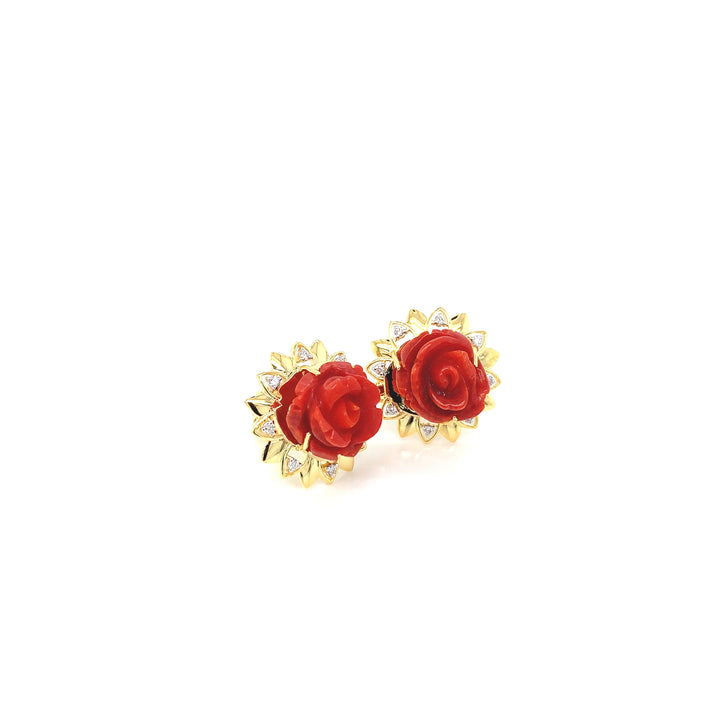 14K YG Cluster Diamond with Coral Earring- 1pair