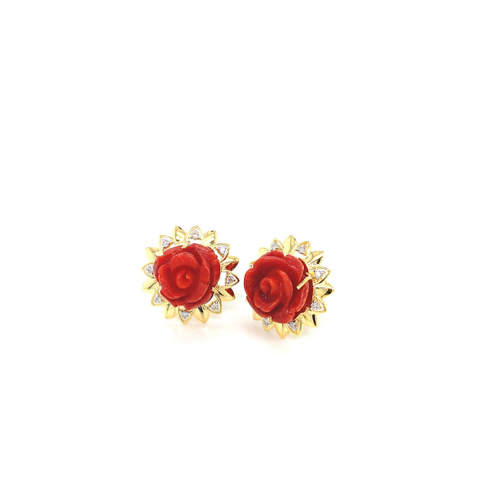 14K YG Cluster Diamond with Coral Earring- 1pair