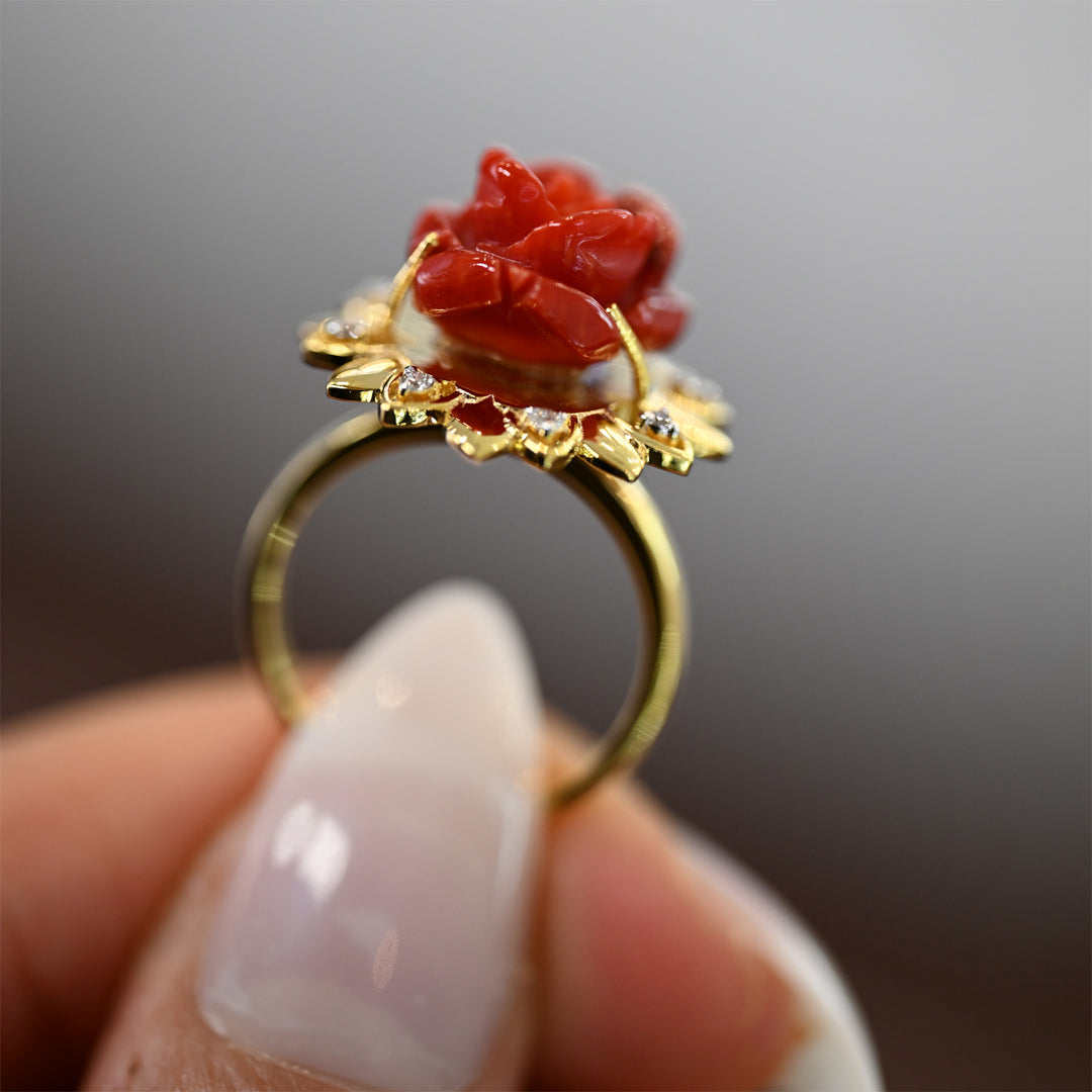 14K YG Cluster Diamond with Coral RING- 1pc