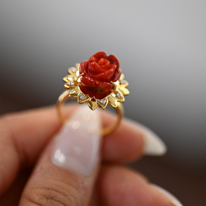 14K YG Cluster Diamond with Coral RING- 1pc