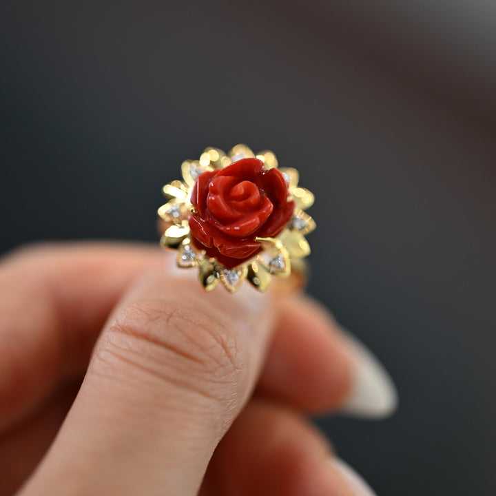 14K YG Cluster Diamond with Coral RING- 1pc
