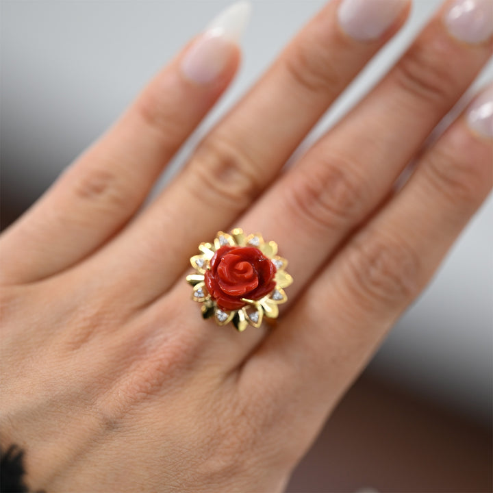 14K YG Cluster Diamond with Coral RING- 1pc