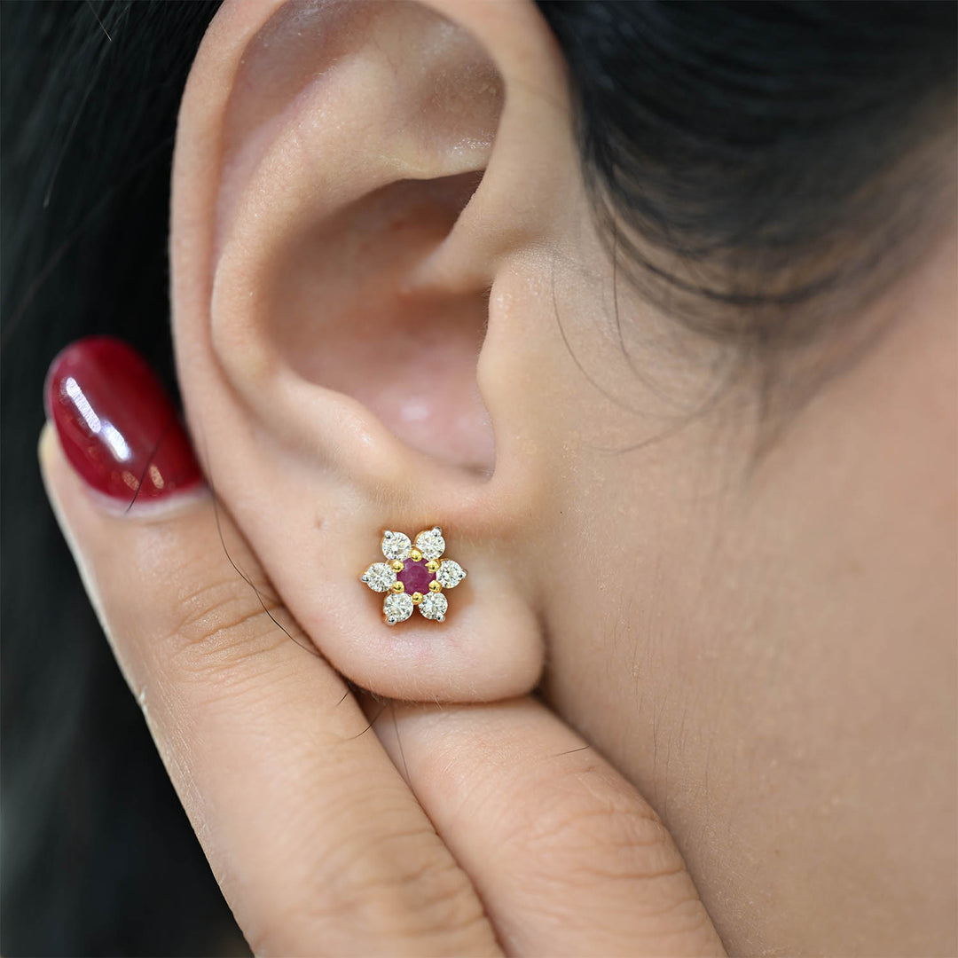 14K YG Flower Diamond with Ruby Earring- 1pair