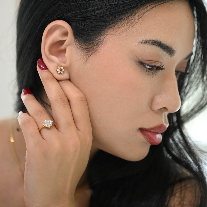 14K YG Flower Diamond with Ruby Earring- 1pair