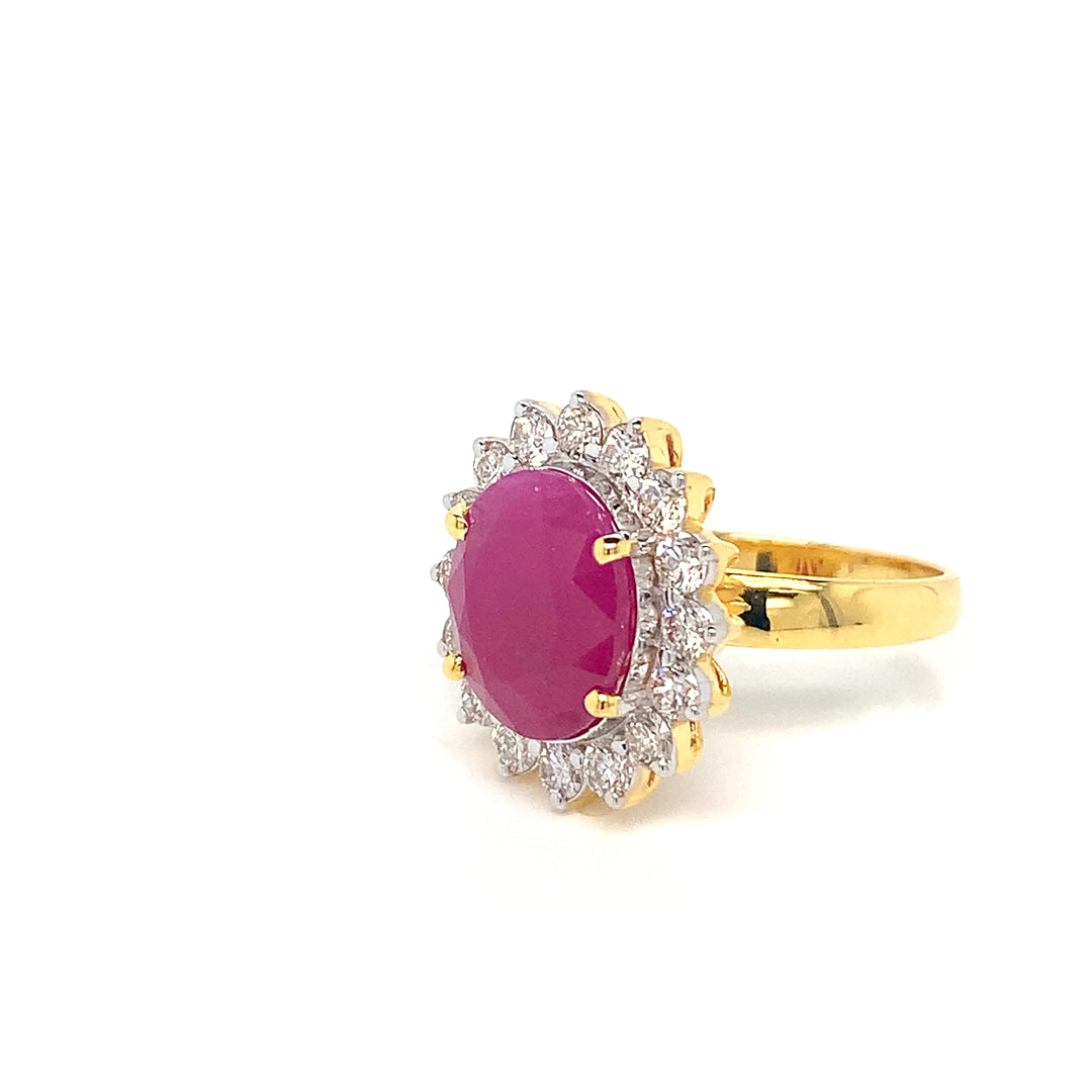 18K YG Cluster Diamond, Ruby Ring-1pc