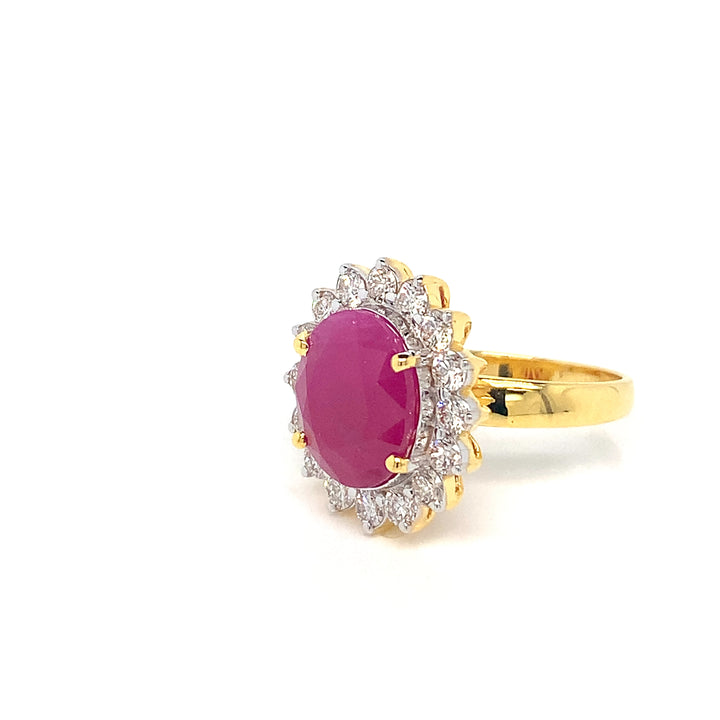 18K YG Cluster Diamond, Ruby Ring-1pc