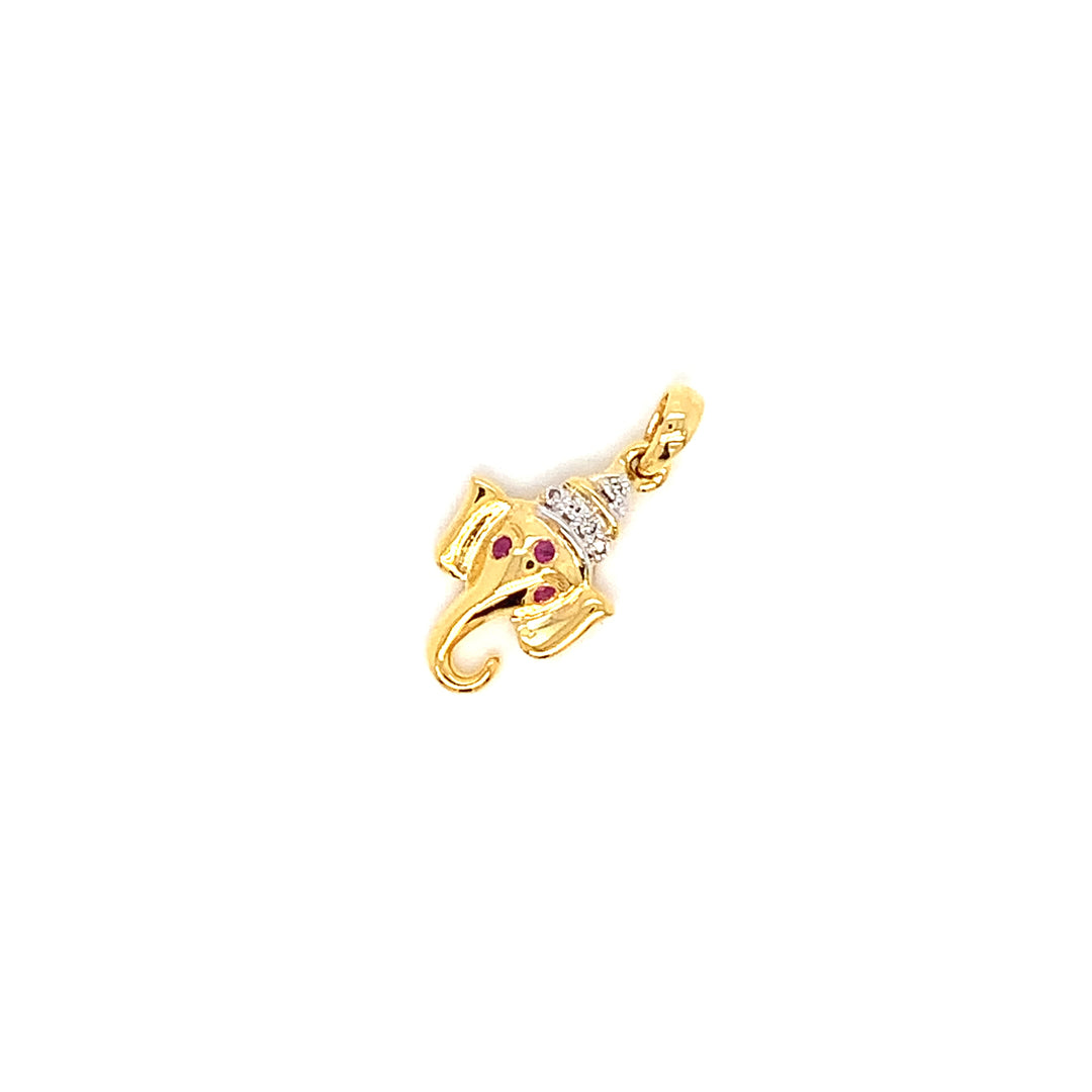 18K YG Ganesh Head Diamond, Ruby Pendant-1pc