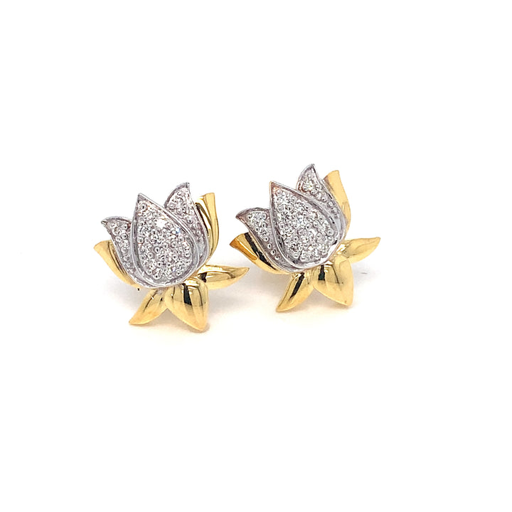 14K YG Lotus Diamond Earring-1pair