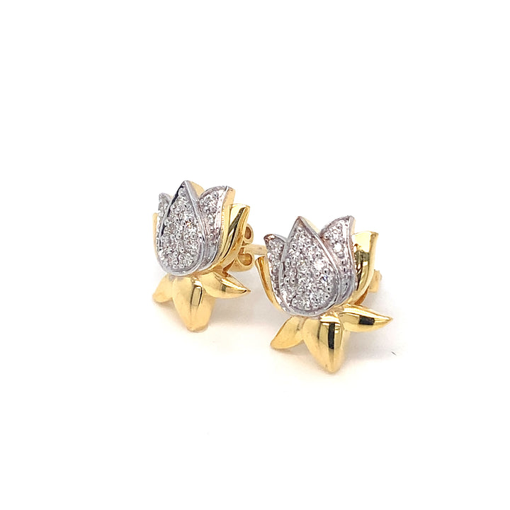 14K YG Lotus Diamond Earring-1pair