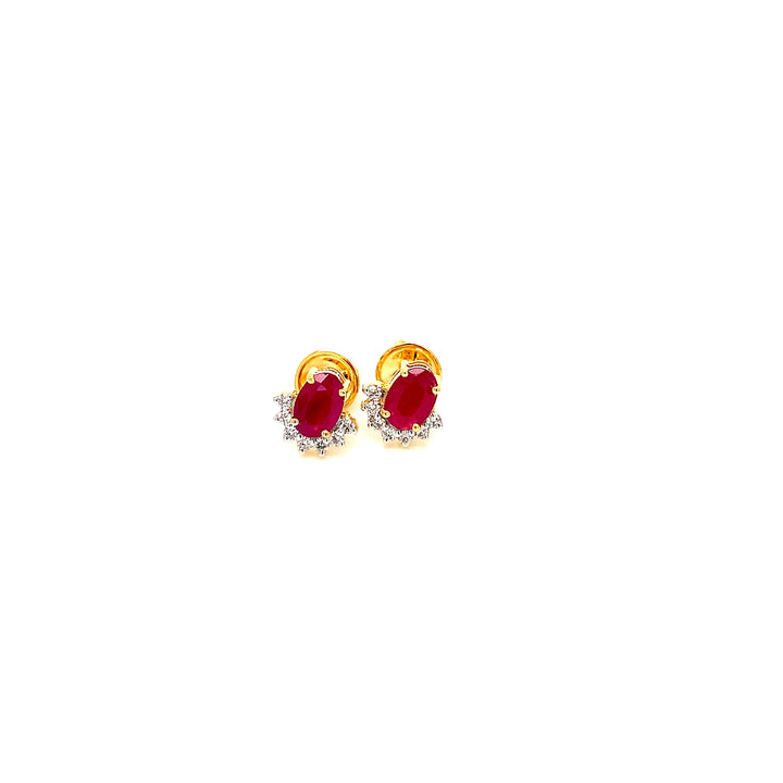 14K YG Cluster Diamond, Ruby Earring-1pair