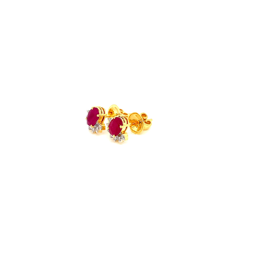 14K YG Cluster Diamond, Ruby Earring-1pair
