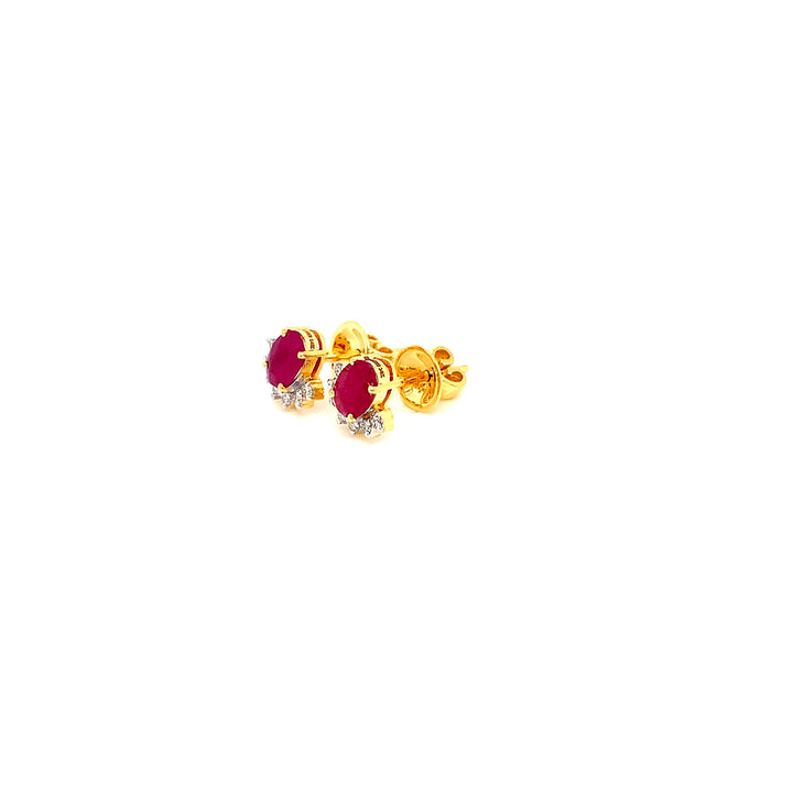 14K YG Cluster Diamond, Ruby Earring-1pair