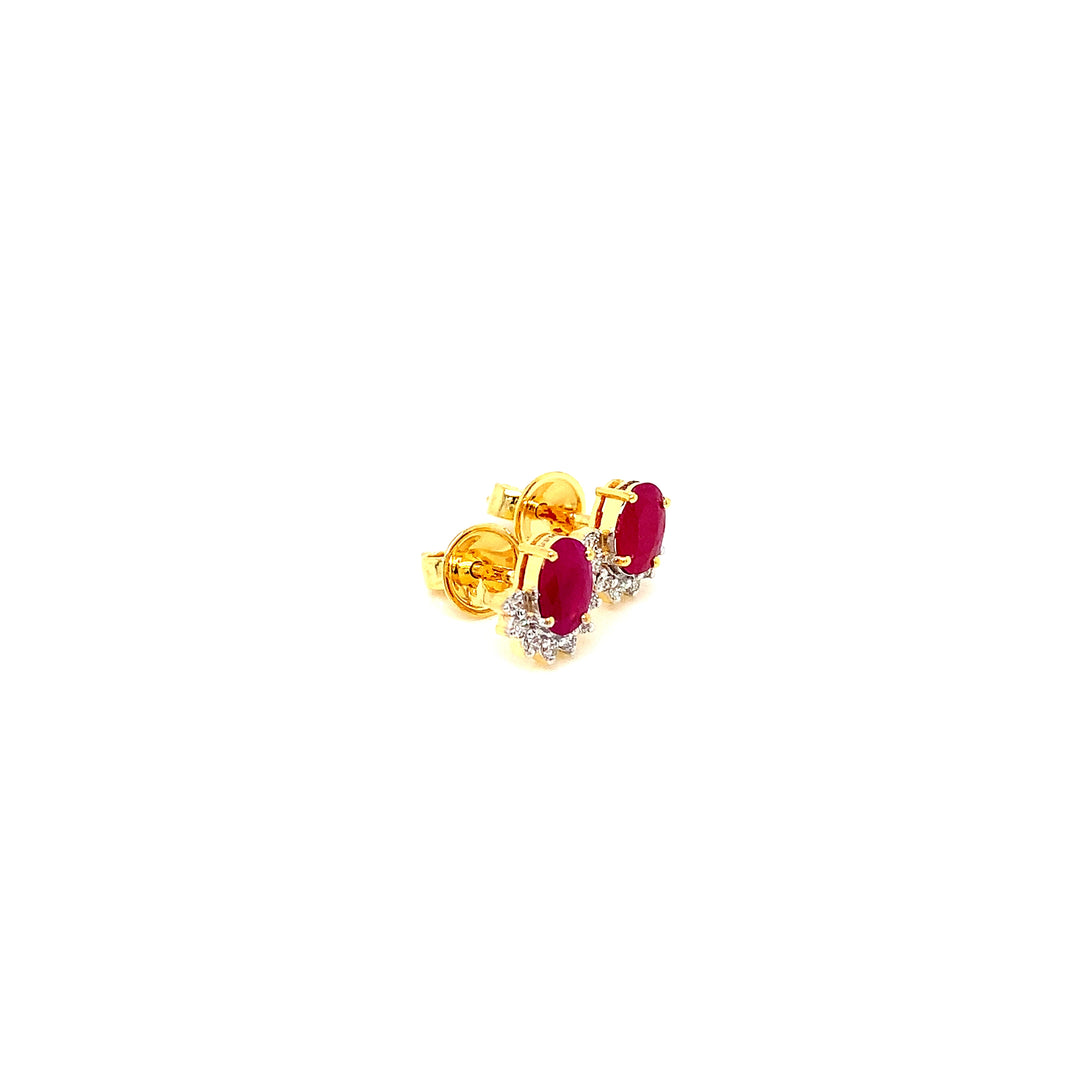 14K YG Cluster Diamond, Ruby Earring-1pair