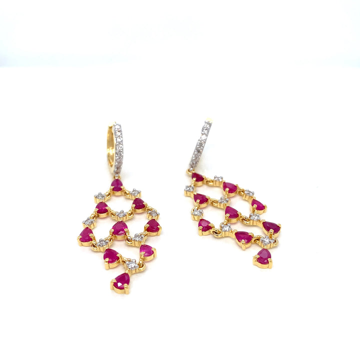 14K YG Long Diamond, Ruby Earring-1pair