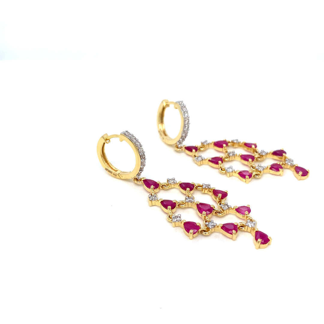 14K YG Long Diamond, Ruby Earring-1pair