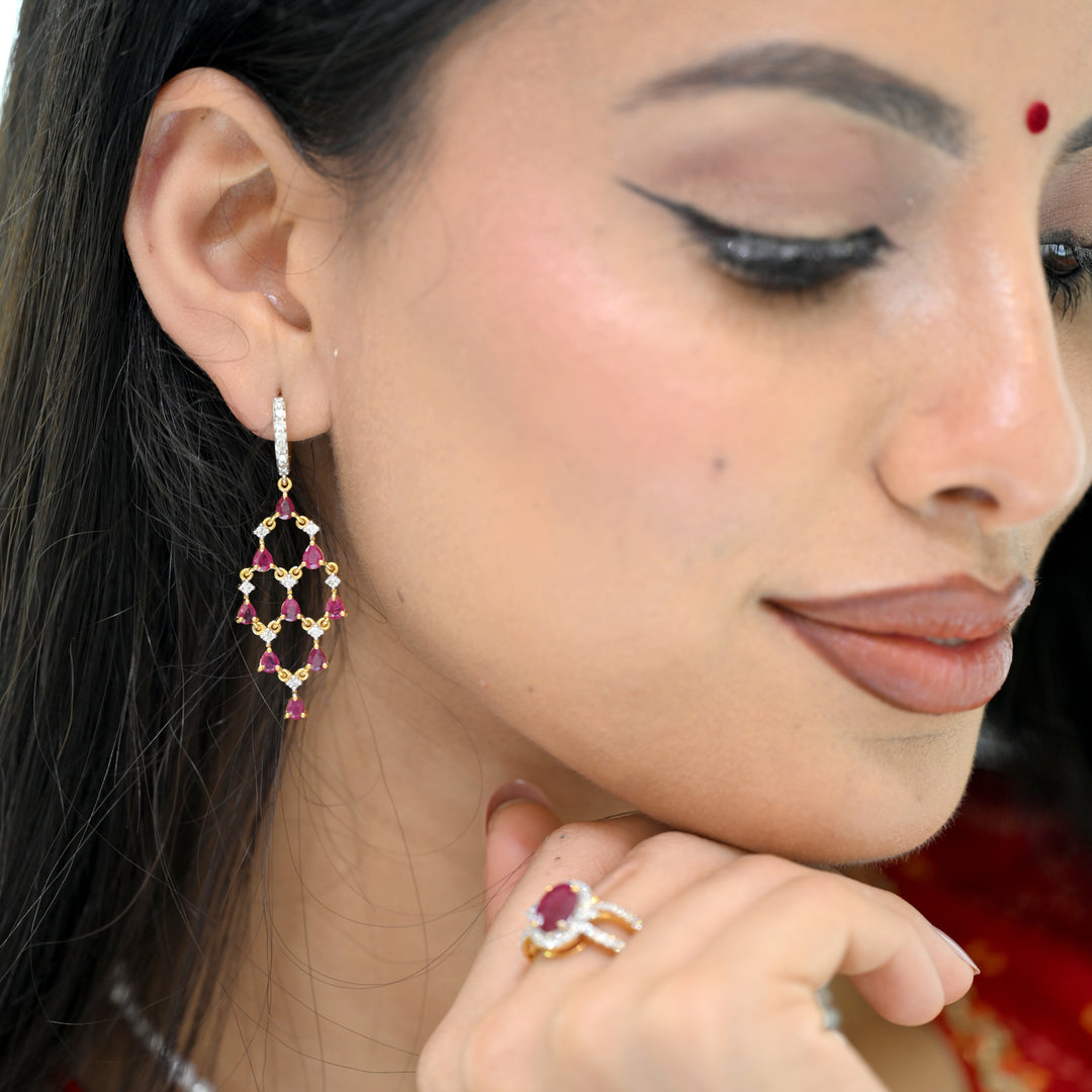 14K YG Long Diamond, Ruby Earring-1pair