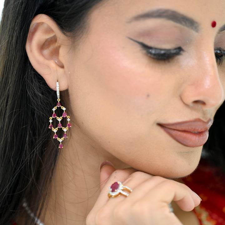 14K YG Long Diamond, Ruby Earring-1pair