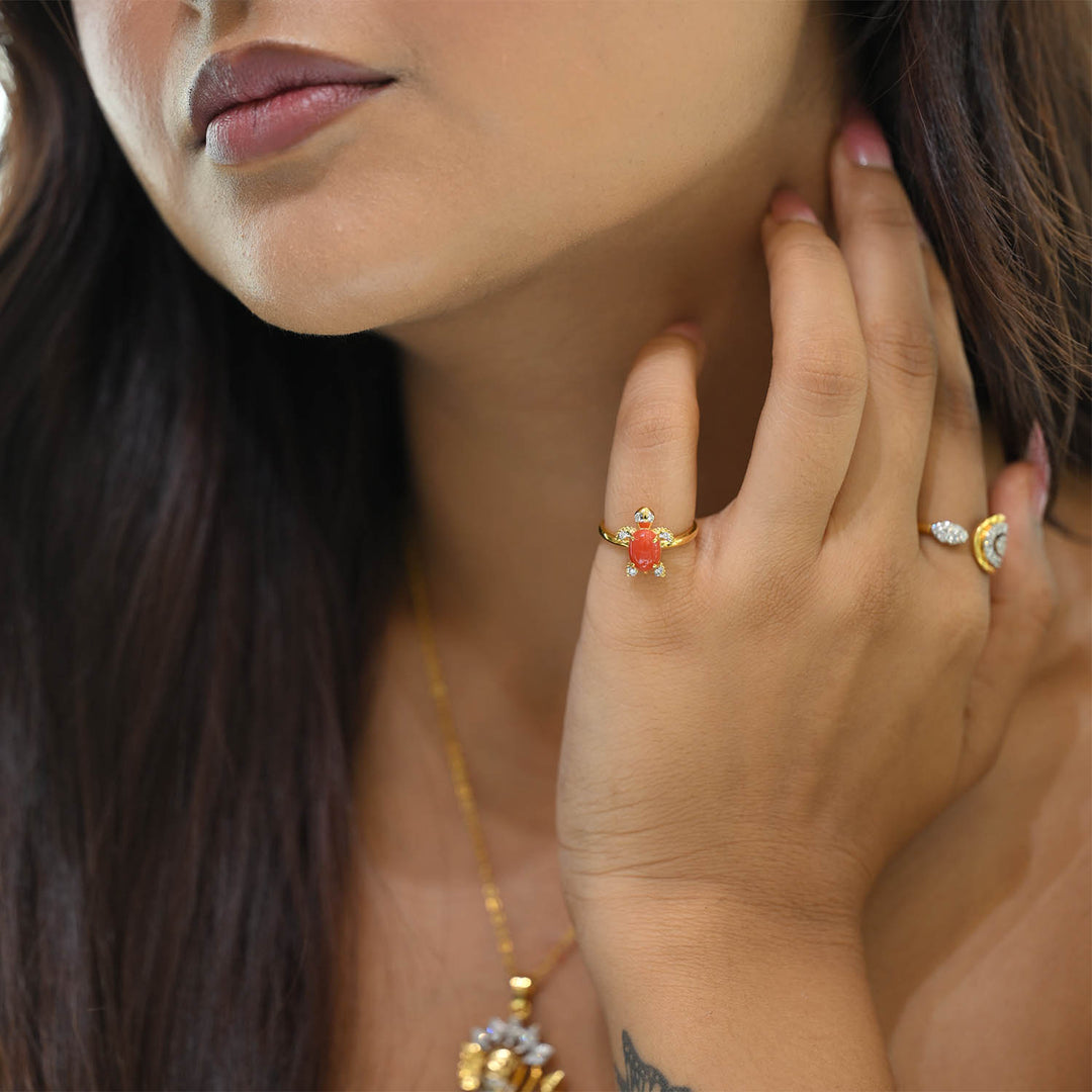 14K YG Tortoise Diamond with Coral Ring-1pc