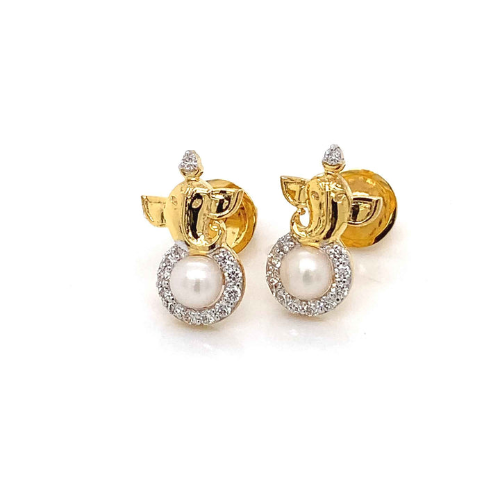 14K YG Ganesh Head Diamond, Pearl Earring-1pair