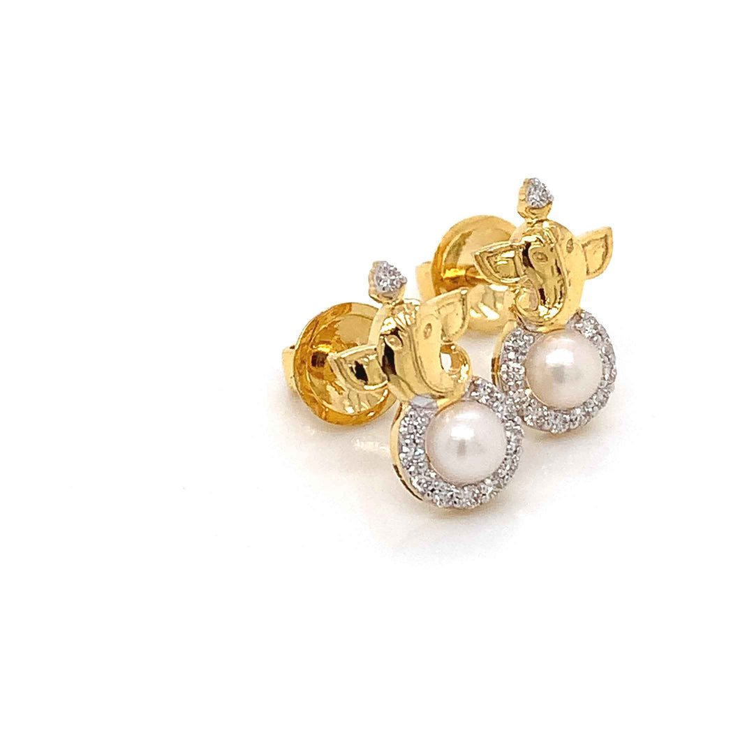 14K YG Ganesh Head Diamond, Pearl Earring-1pair