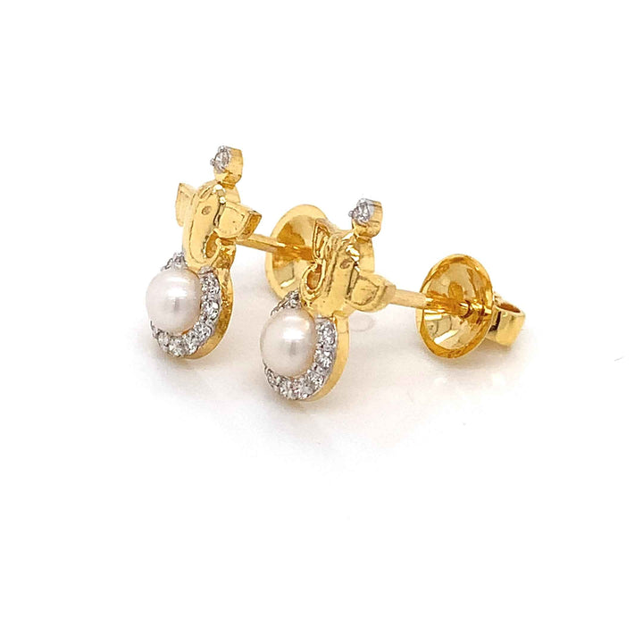14K YG Ganesh Head Diamond, Pearl Earring-1pair
