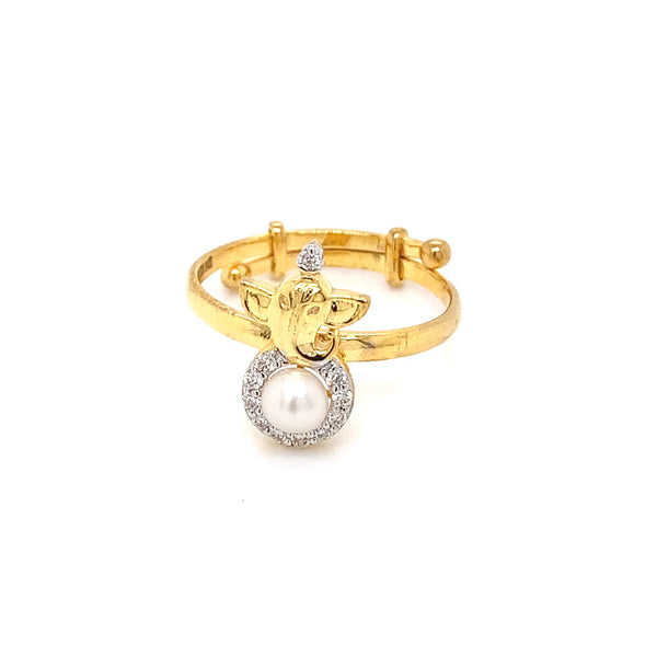 14K YG Ganesh Head Diamond, Pearl Ring-1pc