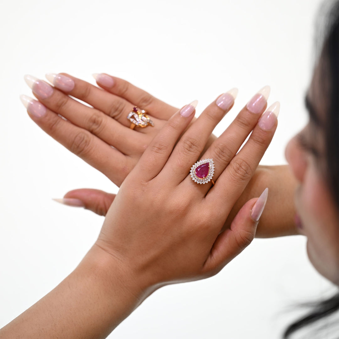 14K YG Cluster Diamond, Ruby Ring-1pc